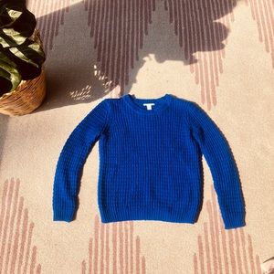 Vibrant blue, knit, sweater.